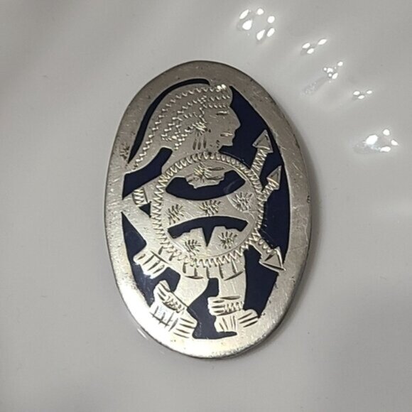 Vintage Boho Sterling Silver Lapis Lazuli Inlay Aztec Tribal Pendant Brooch Pin - Picture 9 of 9